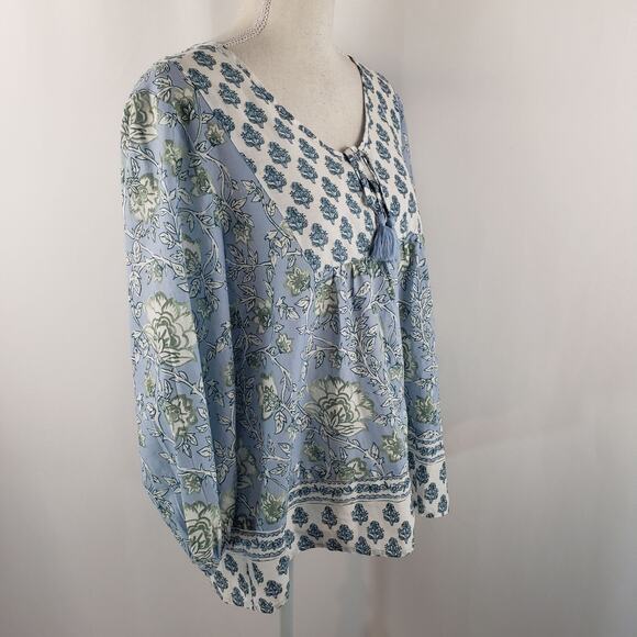 NWT Casa Cabana Blue Floral Tasseled Keyhole Front Tie 3/4 Sleeve Boho Blouse L - Picture 3 of 14